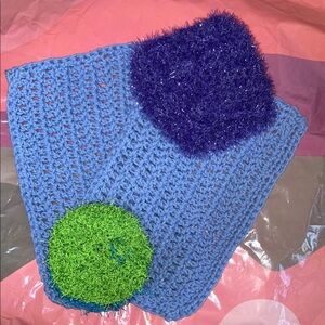 Handmade Blue Crochet washCloth with Green and Purple Scrubbers